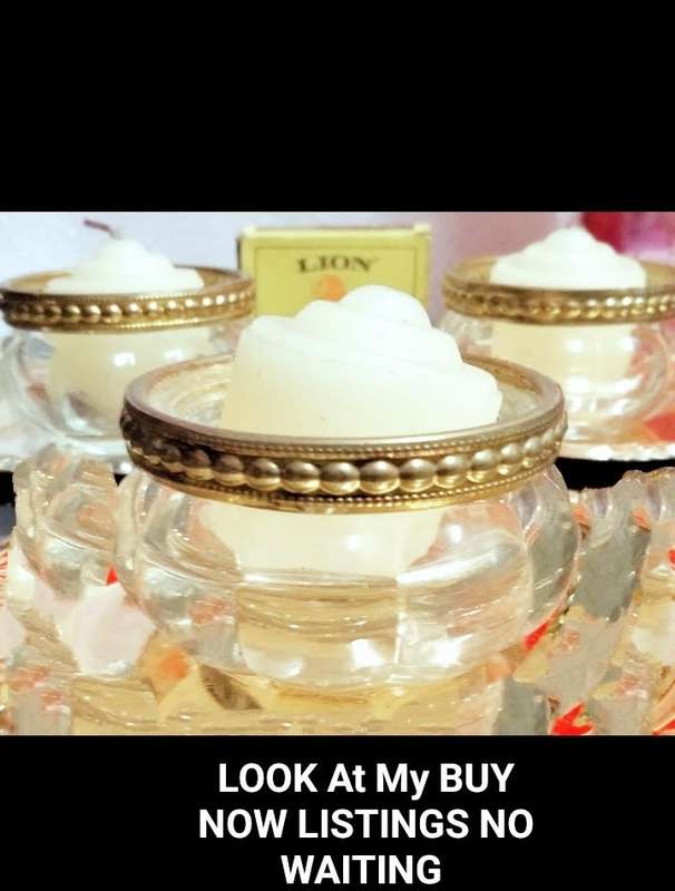 3 candle holders Glass Ribbed Gold trim Embossed bead design LOOK At My BUY NOW Items NO WAITING