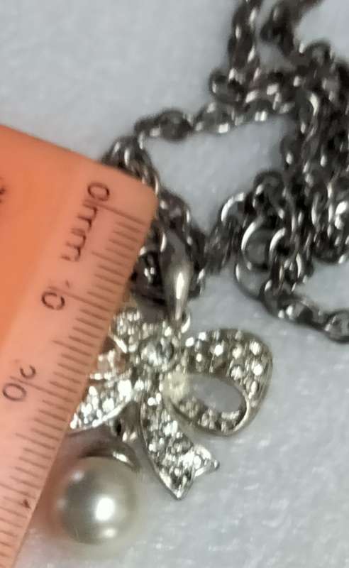 Necklace Bow PAVE crystals-larger mid crystal dangle faux pearl+Belcher Chain Stainless Steel chain