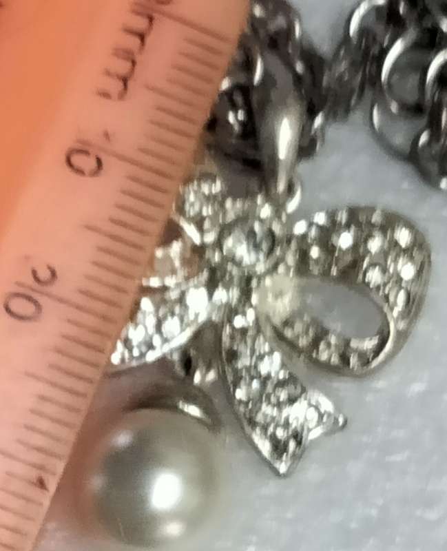Necklace Bow PAVE crystals-larger mid crystal dangle faux pearl+Belcher Chain Stainless Steel chain