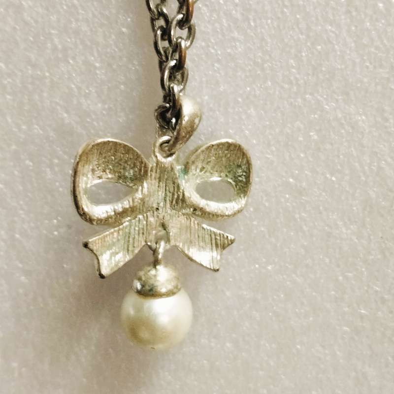 Necklace Bow PAVE crystals-larger mid crystal dangle faux pearl+Belcher Chain Stainless Steel chain