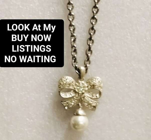 Necklace Bow PAVE crystals-larger mid crystal dangle faux pearl+Belcher Chain Stainless Steel chain
