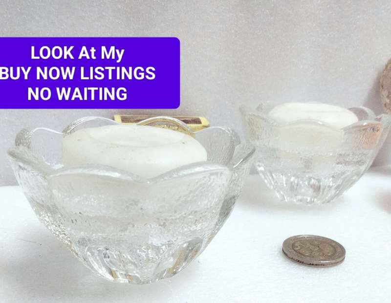 2 candle holders Glass frosted Scalloped top edges+ clear design LOOK At My BUY NOW Items NO WAITING