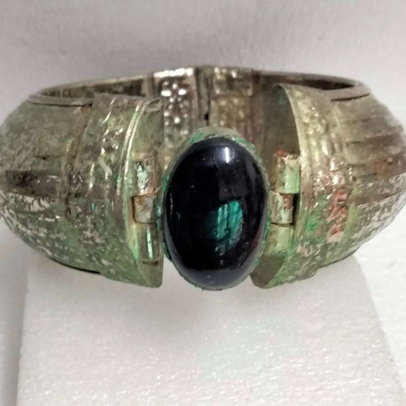 Morrocan Pin hinge BANGLE Thick wide Simulated Black Agate -Verdigris Patina SPECTACULAR W.84 grams