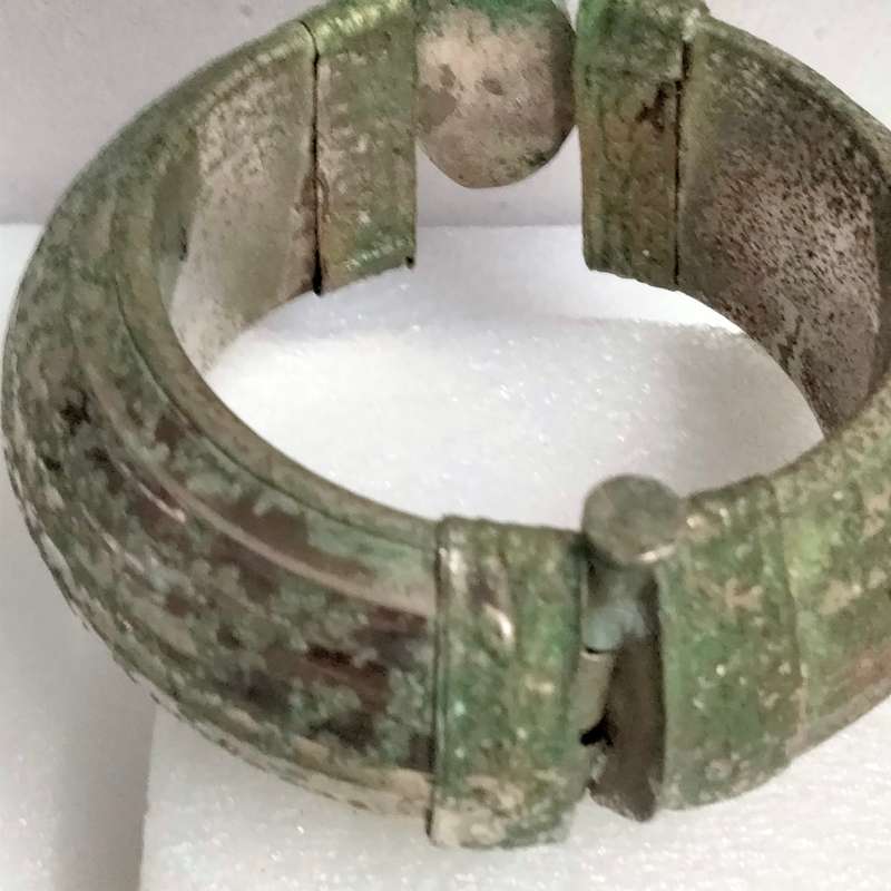 Morrocan Pin hinge BANGLE Thick wide Simulated Black Agate -Verdigris Patina SPECTACULAR W.84 grams