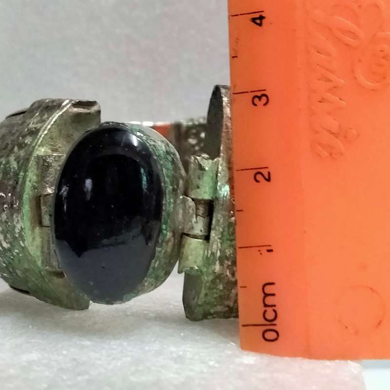 Morrocan Pin hinge BANGLE Thick wide Simulated Black Agate -Verdigris Patina SPECTACULAR W.84 grams