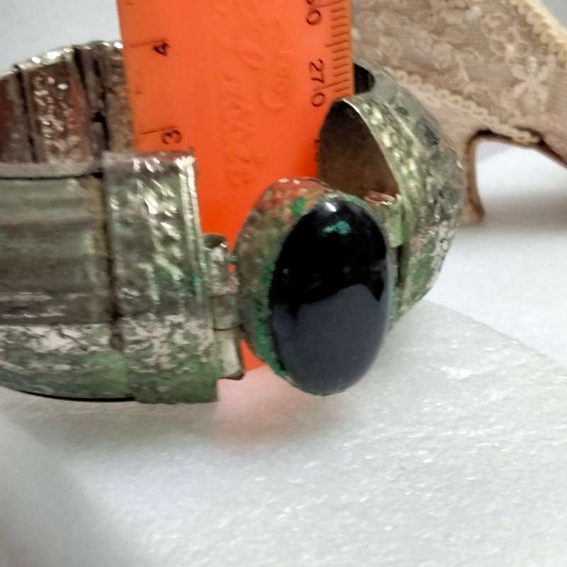 Morrocan Pin hinge BANGLE Thick wide Simulated Black Agate -Verdigris Patina SPECTACULAR W.84 grams