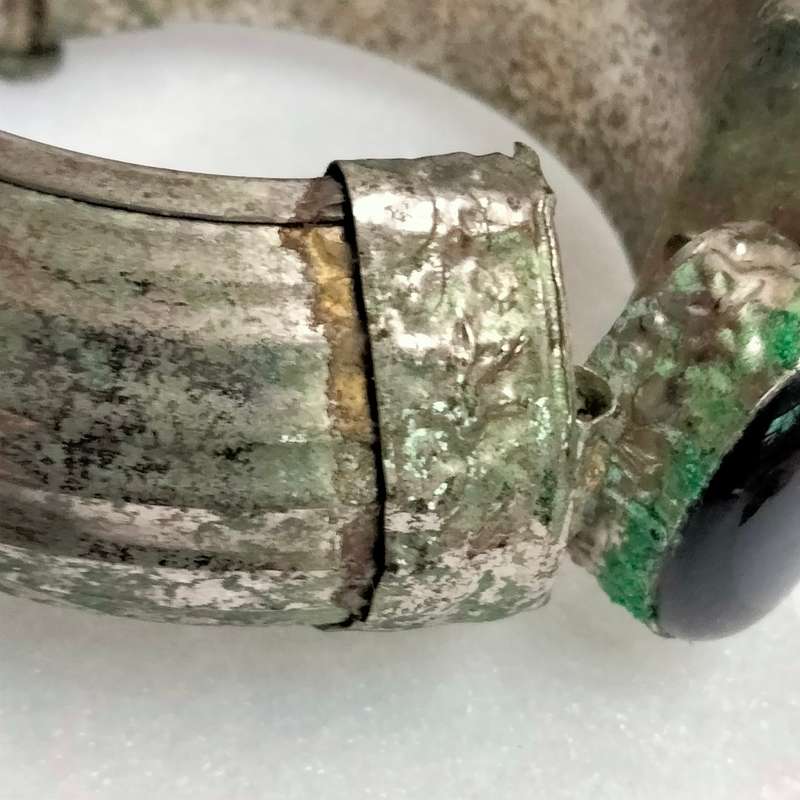 Morrocan Pin hinge BANGLE Thick wide Simulated Black Agate -Verdigris Patina SPECTACULAR W.84 grams