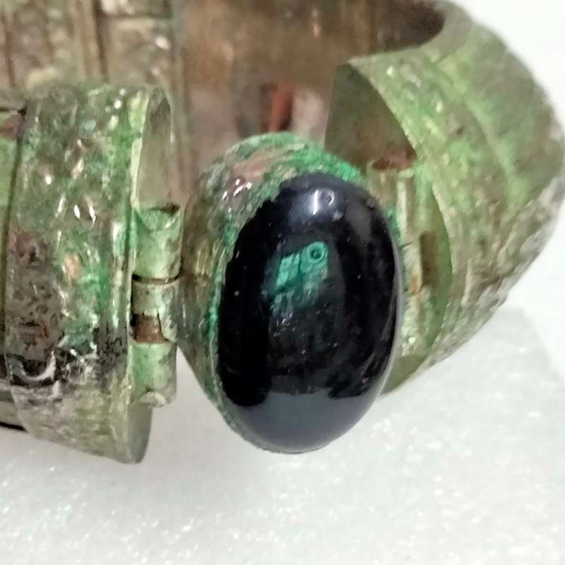 Morrocan Pin hinge BANGLE Thick wide Simulated Black Agate -Verdigris Patina SPECTACULAR W.84 grams