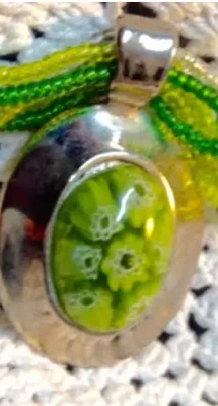 Necklace Murano pendant inside 7 mille fiori flowers  silver setting on multi strands bead