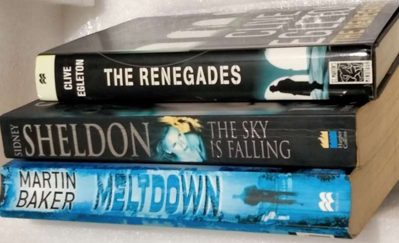 3 Books Sydney Sheldon-The Sky is Falling Martin Baker Meltdown Clive Egerton Renegade pre-owned