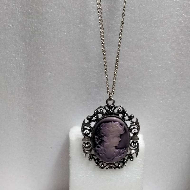 Necklace - Cameo Pendant composite West Germany + Silver tone metal chain