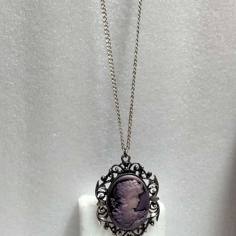 Necklace - Cameo Pendant composite West Germany + Silver tone metal chain