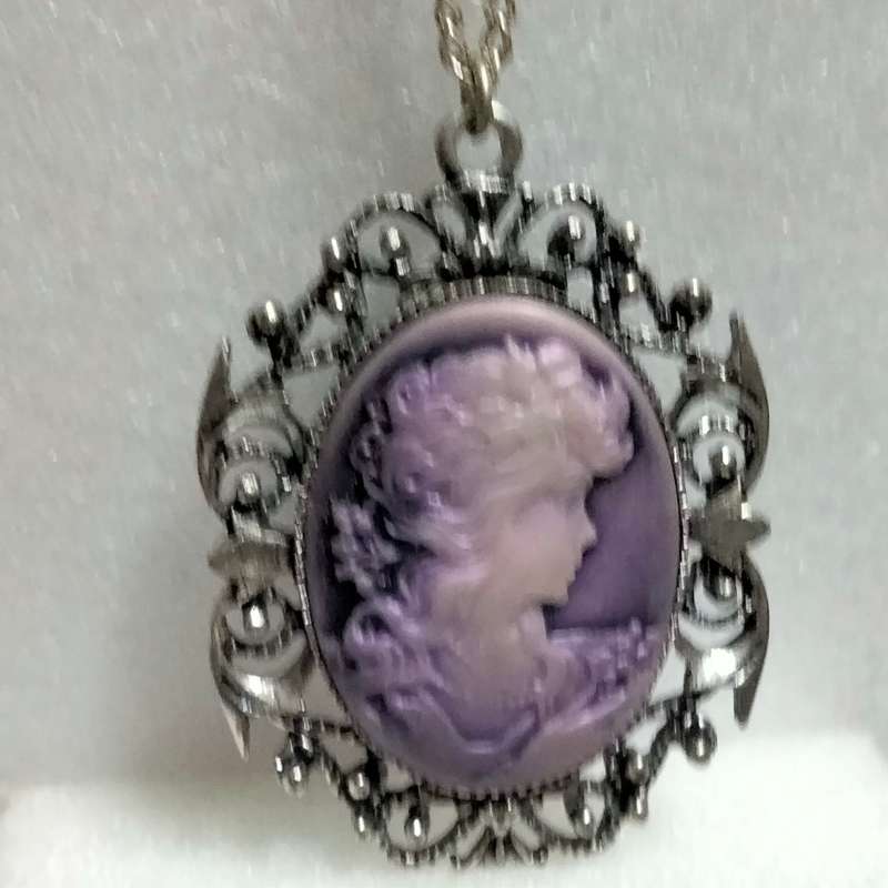 Necklace - Cameo Pendant composite West Germany + Silver tone metal chain