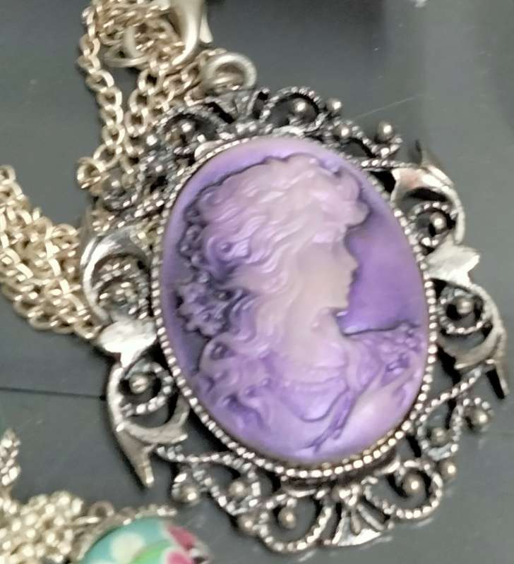 Necklace - Cameo Pendant composite West Germany + Silver tone metal chain