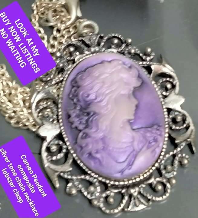 Necklace - Cameo Pendant composite West Germany + Silver tone metal chain