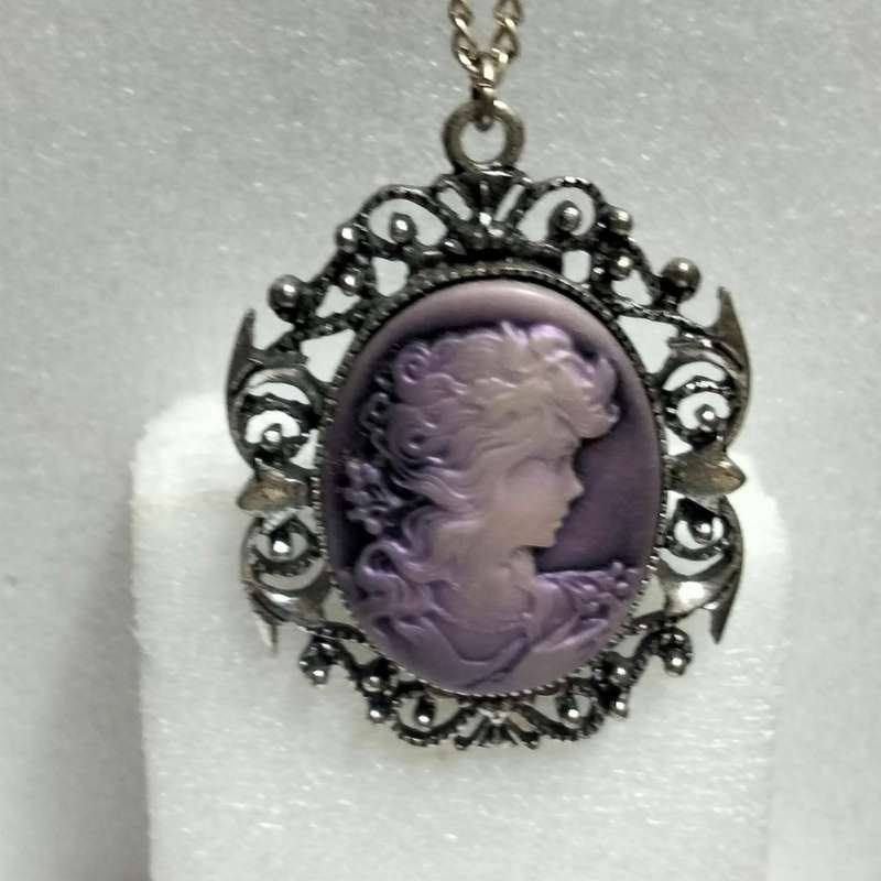 Necklace - Cameo Pendant composite West Germany + Silver tone metal chain