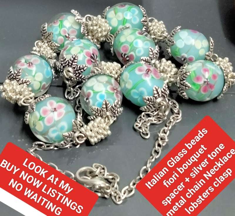 1 Necklace - vintage Italian glass -Fiori - blue Beads-Spacers Chain look at my Buy Now No Waiting