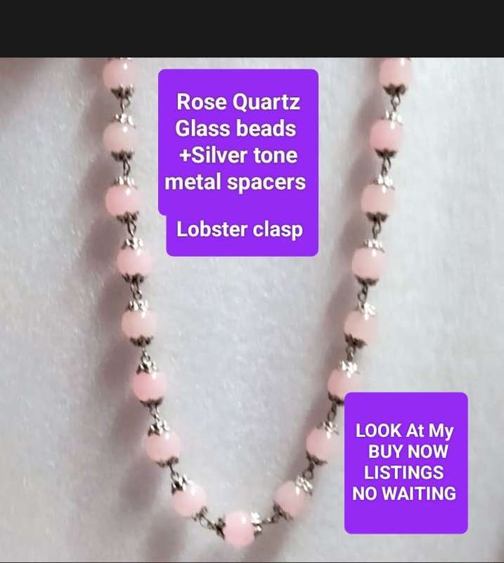 1 NECKLACE - Rose quartz glass beads+spacers metal Chain look at my Buy Now listings - No Waiting