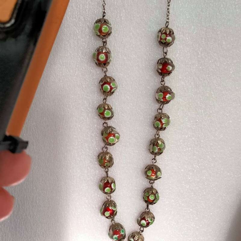 Necklace - Murano hand made Glass Lampwork spot green red white -chain Look at my buy now-No Waiting