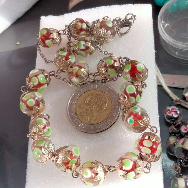Necklace - Murano hand made Glass Lampwork spot green red white -chain Look at my buy now-No Waiting