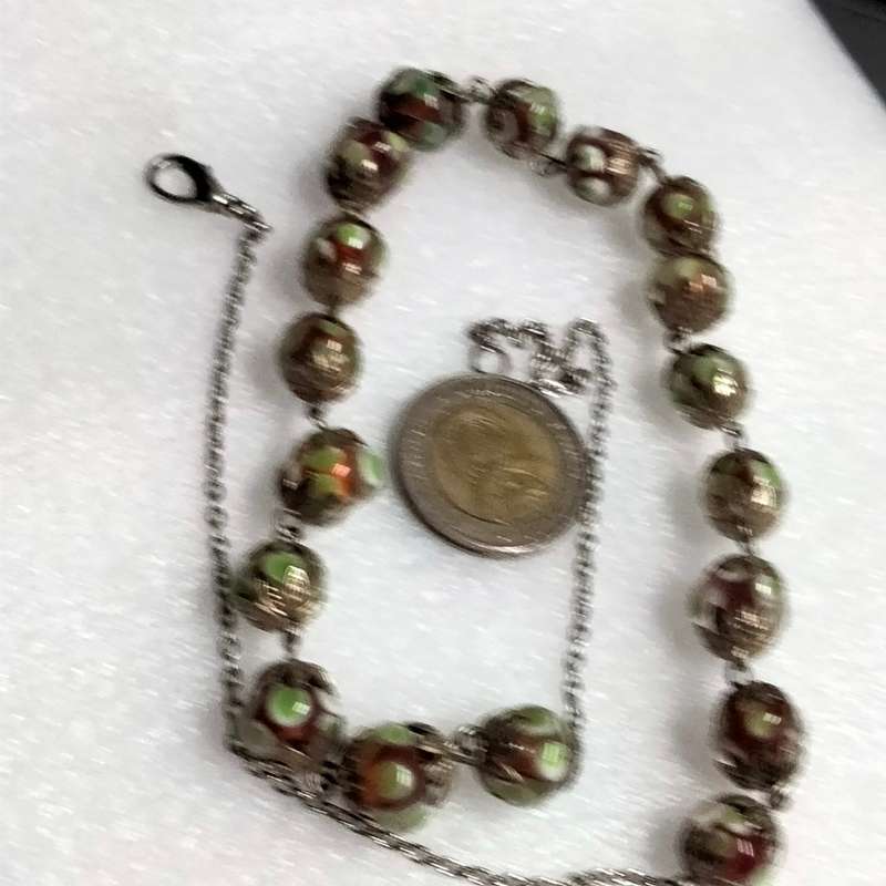 Necklace - Murano hand made Glass Lampwork spot green red white -chain Look at my buy now-No Waiting