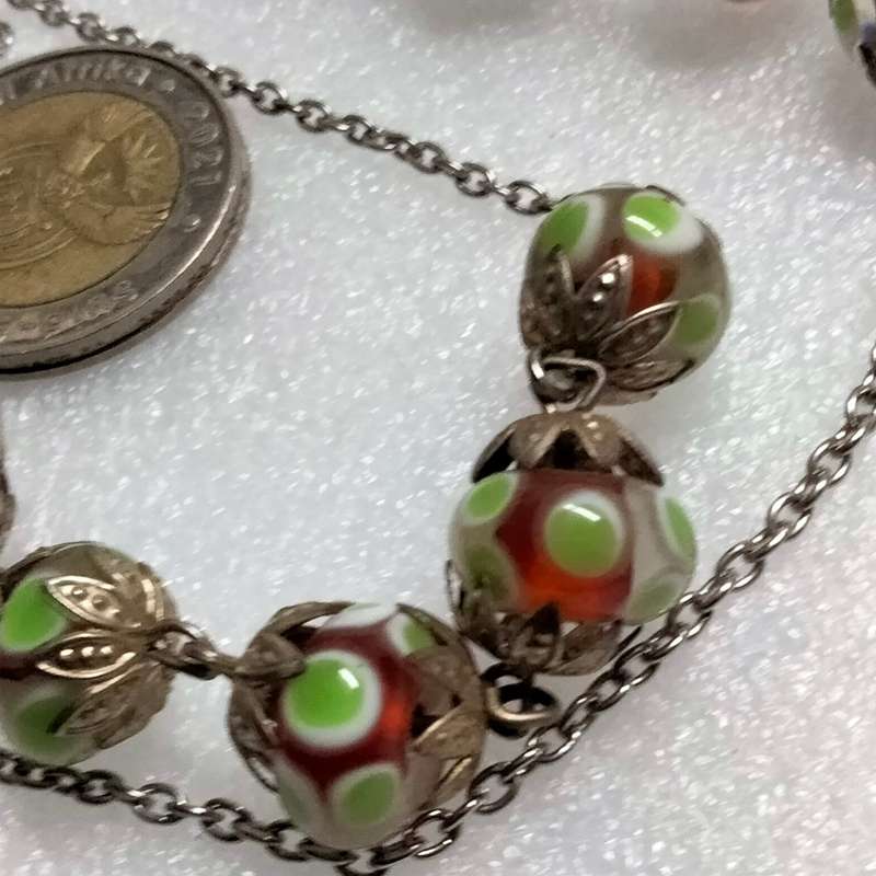 Necklace - Murano hand made Glass Lampwork spot green red white -chain Look at my buy now-No Waiting
