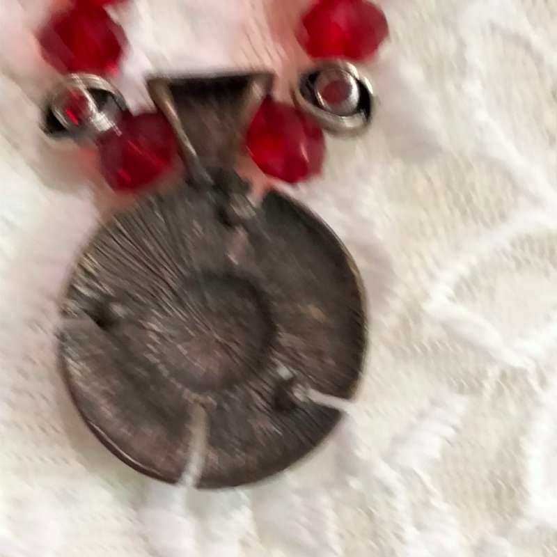 ITALIAN !!!Art Glass faceted Cut Glass Ruby+Red Beads NECKLACE +Enamel Pendant+silver tone Chain