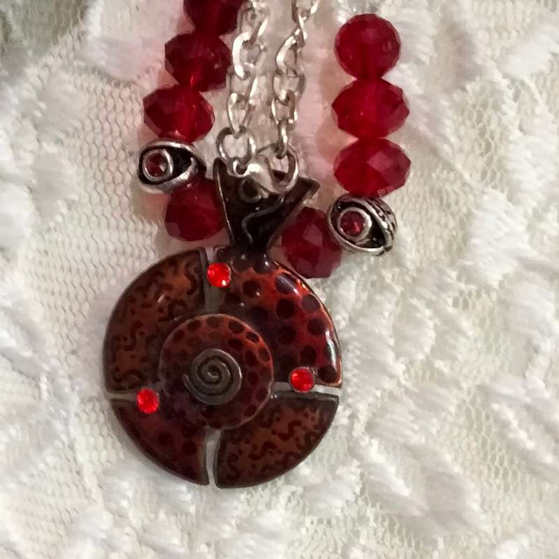 ITALIAN !!!Art Glass faceted Cut Glass Ruby+Red Beads NECKLACE +Enamel Pendant+silver tone Chain