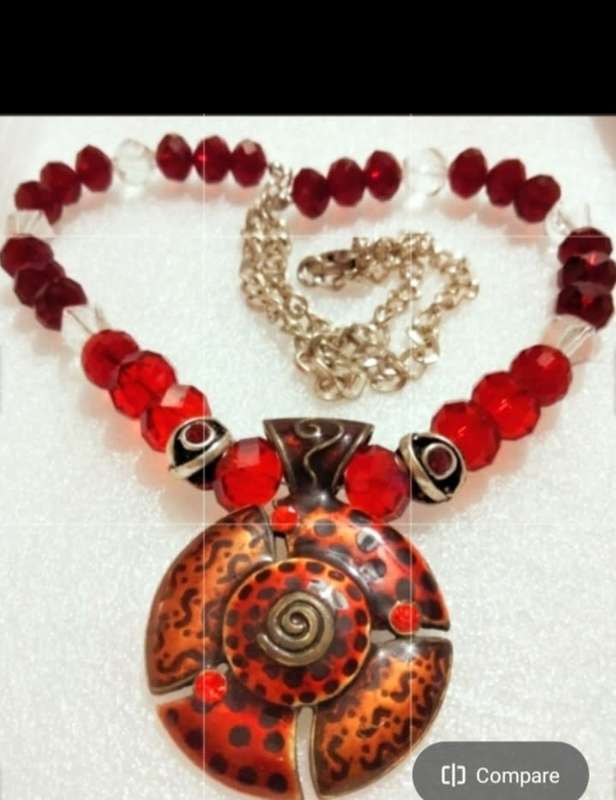 ITALIAN !!!Art Glass faceted Cut Glass Ruby+Red Beads NECKLACE +Enamel Pendant+silver tone Chain