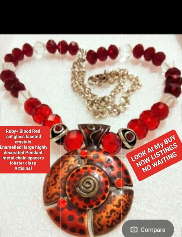ITALIAN !!!Art Glass faceted Cut Glass Ruby+Red Beads NECKLACE +Enamel Pendant+silver tone Chain