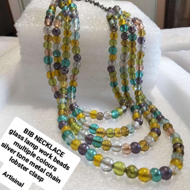 Bib NECKLACE - 4 strand ITALIAN lamp work Glass Beads Multicolour+Chain look at my Buy Now - No Wait