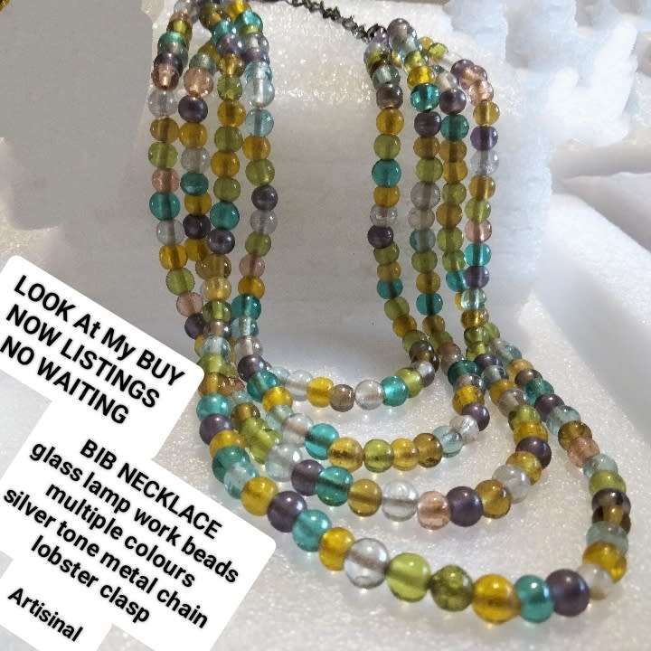 Bib NECKLACE - 4 strand ITALIAN lamp work Glass Beads Multicolour+Chain look at my Buy Now - No Wait