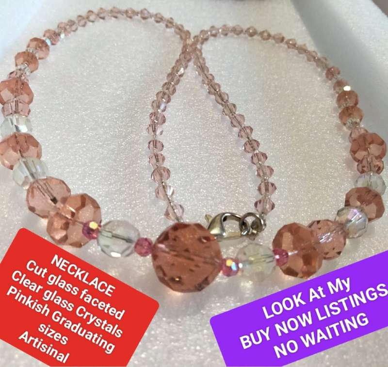 NECKLACE- Vintage Italian glass beads pink+clear mix shapes+size Look at my Buy Now listings No Wait