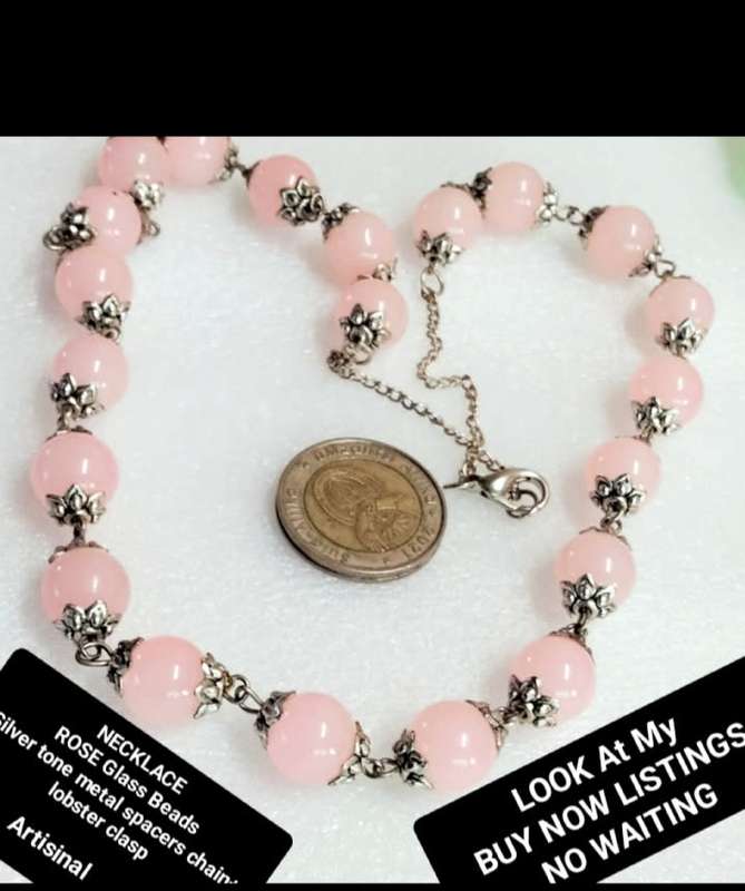 1 NECKLACE - Rose quartz glass beads+spacers metal Chain look at my Buy Now listings - No Waiting