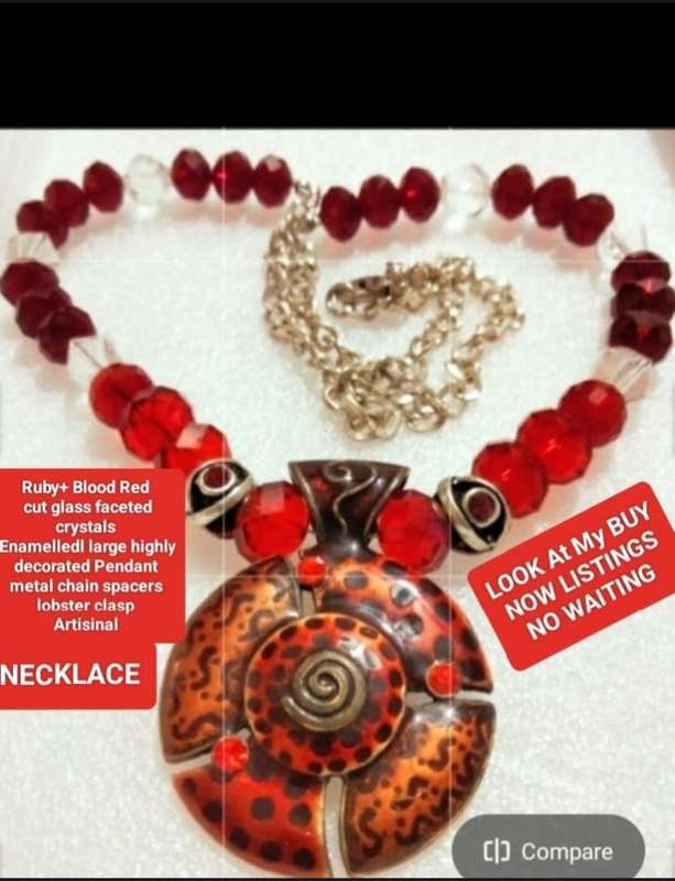ITALIAN !!!Art Glass faceted Cut Glass Ruby+Red Beads NECKLACE +Enamel Pendant+silver tone Chain