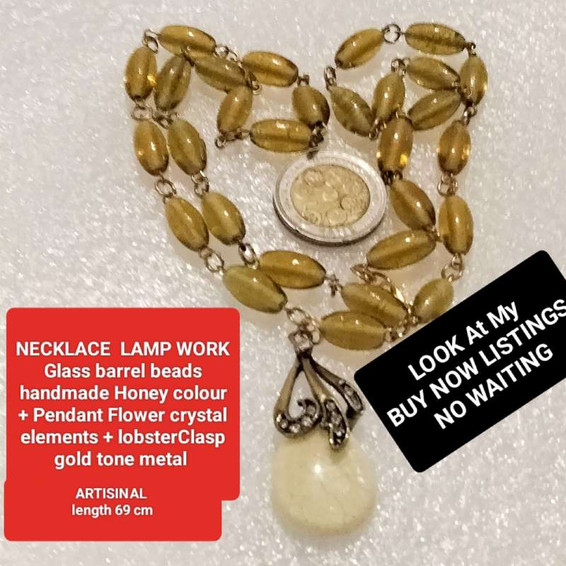 Necklace lampwork barrel glass beads handmade pendant metal flower crystal elements - lobster clasp
