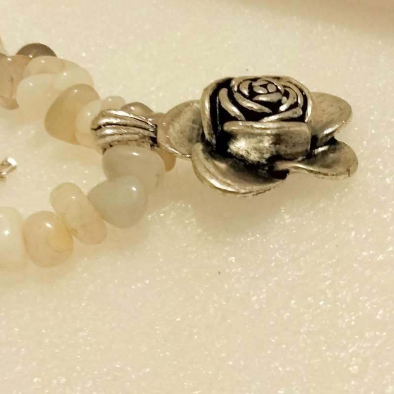 Necklace QUARTZ smokey+milky irregular semi-precious gemstone pendant large rose silver tone metal