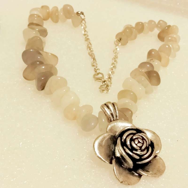 Necklace QUARTZ smokey+milky irregular semi-precious gemstone pendant large rose silver tone metal