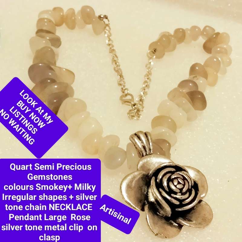 Necklace QUARTZ smokey+milky irregular semi-precious gemstone pendant large rose silver tone metal