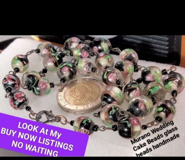 Necklace-  Murano -WEDDING Cake - lampwork glass handmade Vintage beads