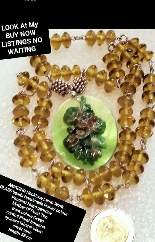 Necklace - amber lampwork glass beads handmade pendant Mother of Pearl -  floral bouquet on