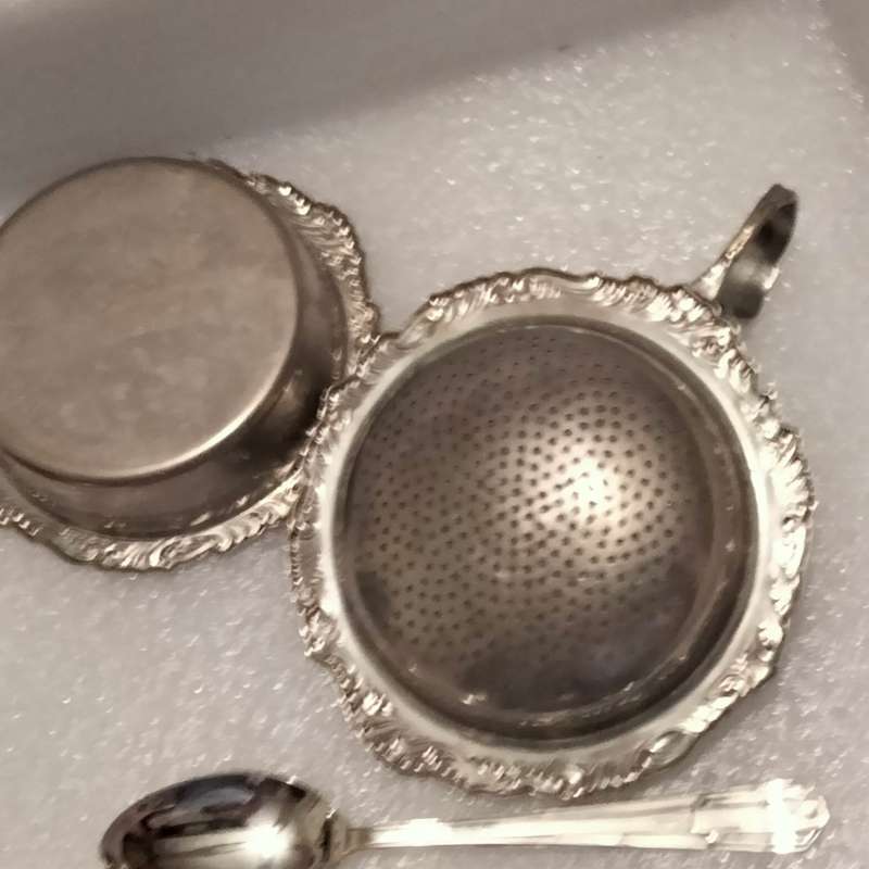 Dekrona EPNS Sugar Bowl*Tea Strainer+base*1 Cake lifterWMF 90-2*Art Decor Tongs+6TspoonsEPNS