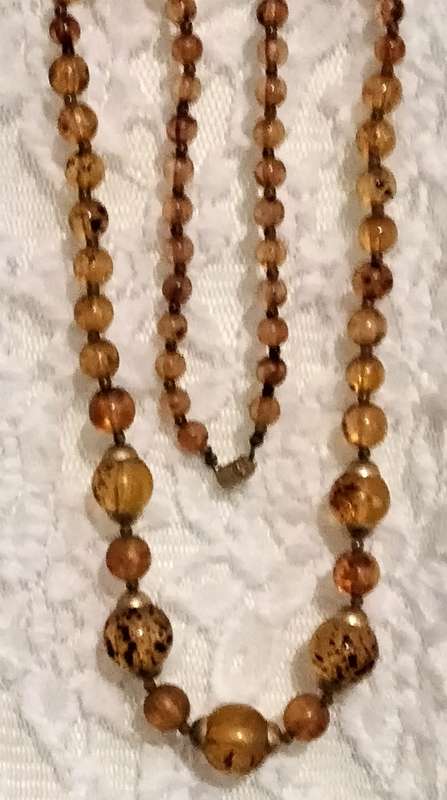 Necklace  AMBER graduating faux round beads+ small beads gold tone metal spacers + barrel clasp