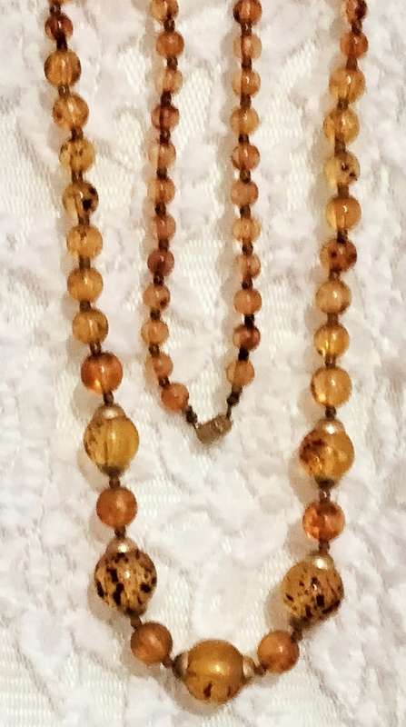 Necklace  AMBER graduating faux round beads+ small beads gold tone metal spacers + barrel clasp