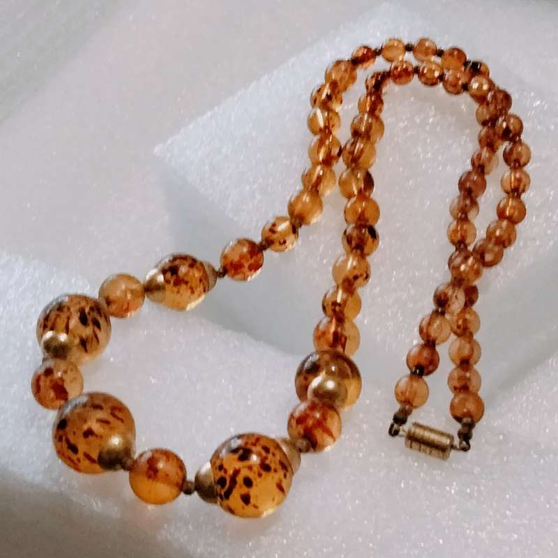 Necklace  AMBER graduating faux round beads+ small beads gold tone metal spacers + barrel clasp