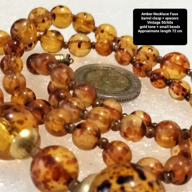 Necklace  AMBER graduating faux round beads+ small beads gold tone metal spacers + barrel clasp