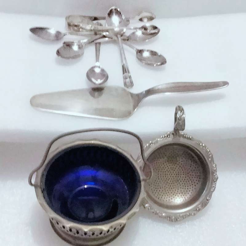 Dekrona EPNS Sugar Bowl*Tea Strainer+base*1 Cake lifterWMF 90-2*Art Decor Tongs+6TspoonsEPNS