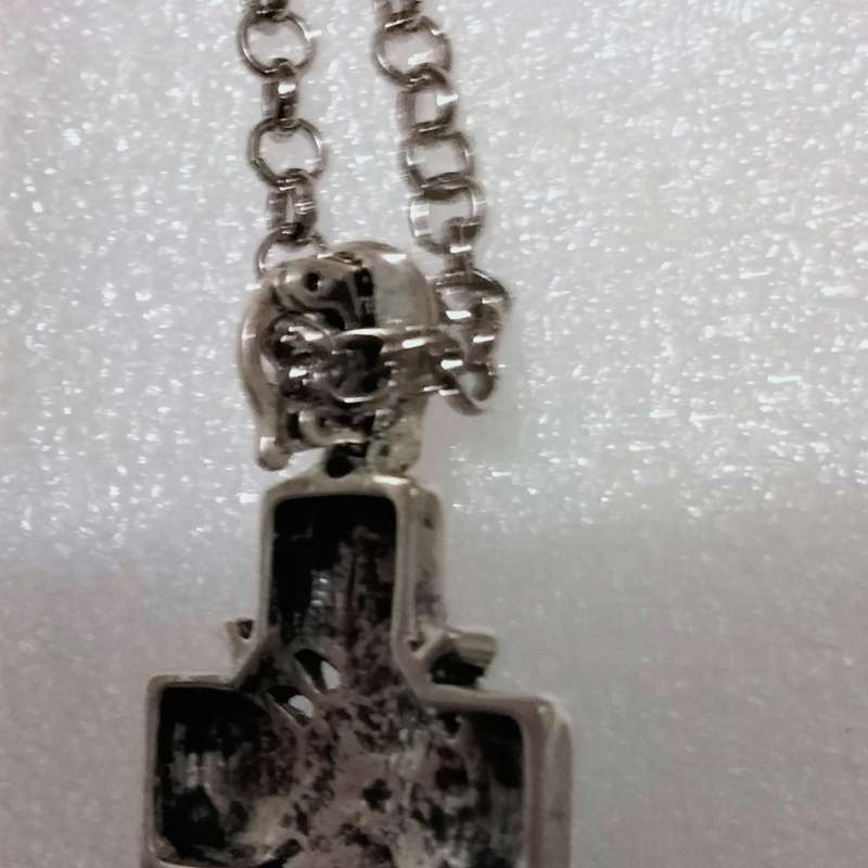 Pendant - Cross  Large Central faux Pearl + chain SILVER TONE metal