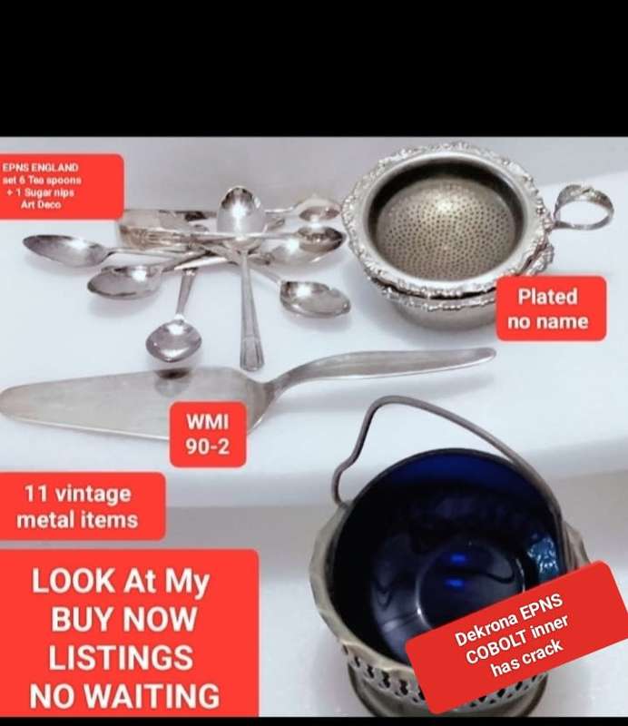 Dekrona EPNS Sugar Bowl*Tea Strainer+base*1 Cake lifterWMF 90-2*Art Decor Tongs+6TspoonsEPNS