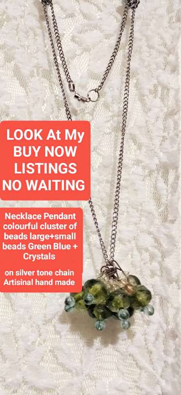 1 NECKLACE -pendant cluster glass crystal+composite beads metal+chain look at my Buy Now -No Waiting